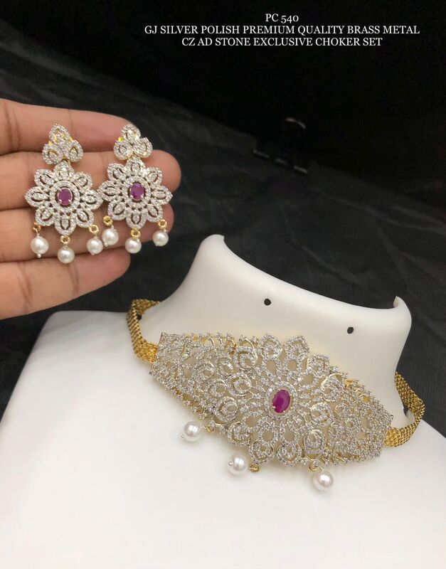 F11: Beautiful GJ Silver Polish Premium Quality Brass Metal CZ AD Stone Choker Set