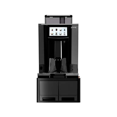 Fully automatic coffee maker grinding beans and brewing coffee.