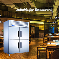 Blue Star 4 Door Reach-In Freezer - GC Series in a bustling restaurant kitchen. Blue Star 4 Door Reach-In Freezer - GC Series in a bustling restaurant kitchen.