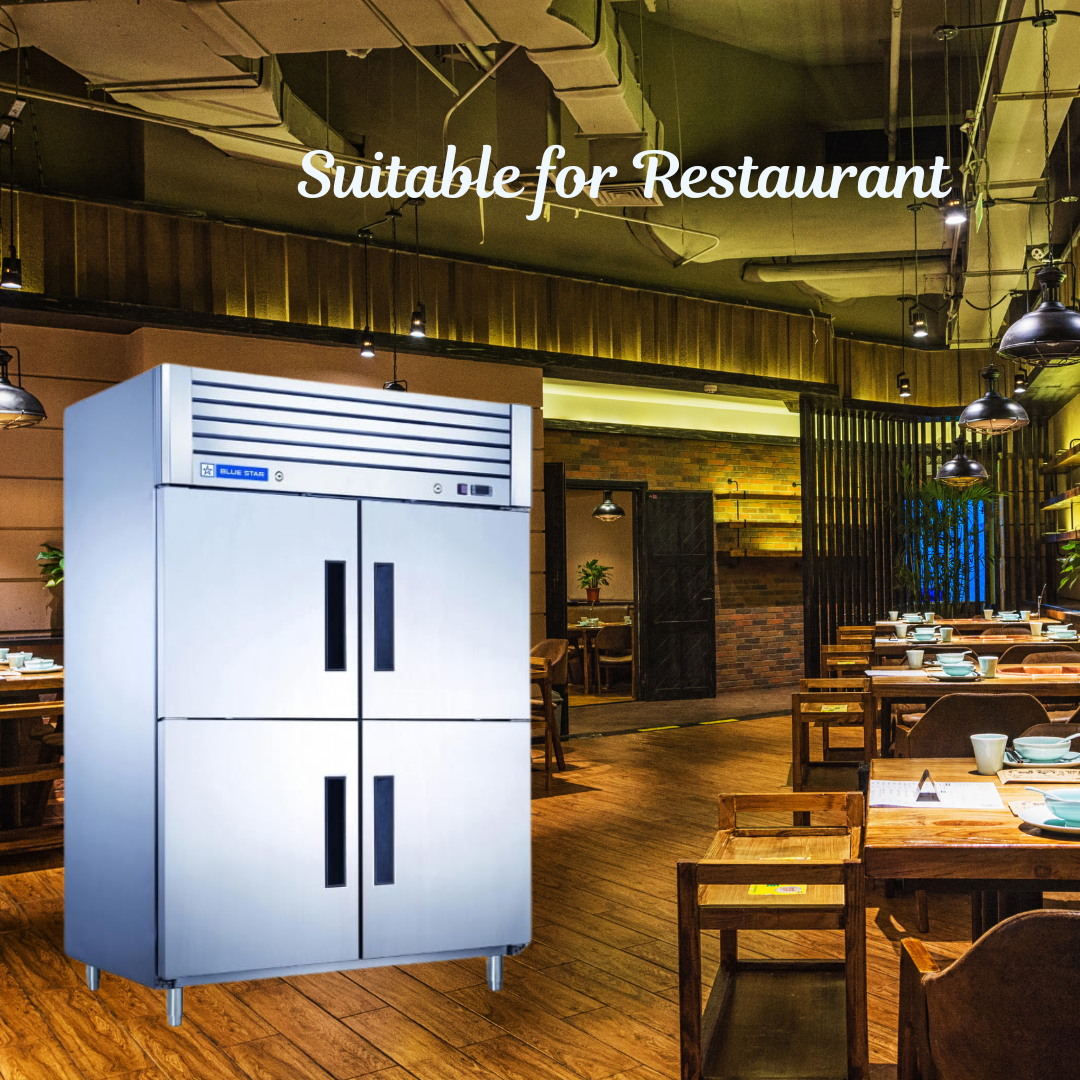 Blue Star 4 Door Reach-In Freezer-GP Series in a bustling restaurant kitchen. Blue Star 4 Door Reach-In Freezer-GP Series in a bustling restaurant kitchen.