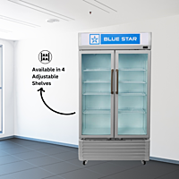 Close-up of adjustable shelves in a Blue Star VC590D Visi Cooler. Close-up of adjustable shelves in a Blue Star VC590D Visi Cooler.