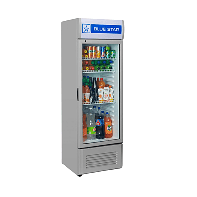 Commercial beverage refrigerator with transparent door, Blue Star, 220 liters. Commercial beverage refrigerator with transparent door, Blue Star, 220 liters.