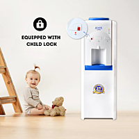 Modern floor-standing water dispenser with child safety lock on the hot water tap. Modern floor-standing water dispenser with child safety lock on the hot water tap.