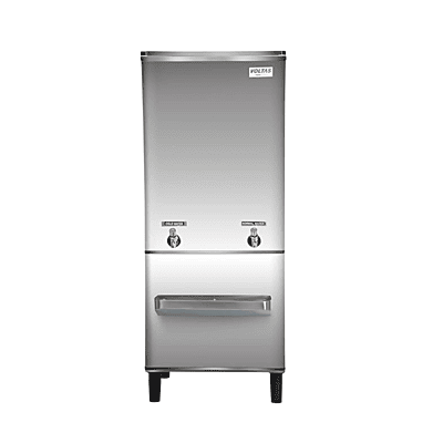 Front view of the Voltas PSS 150/150, showcasing its dual faucets and durable stainless steel top.