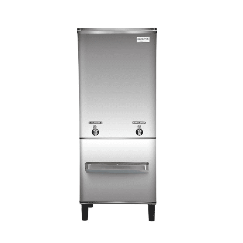 Front view of the Voltas FSS 150/150, showcasing its dual faucets and durable stainless steel top.