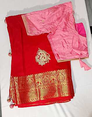C214: Ready To Ship Beautiful Moonga Crepe Silk Saree With Stitched Work Blouse