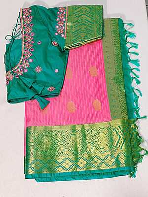 D195: Ready To Ship Beautiful Pure Kanchipuram Silk Saree With Stitched Emboridery Work Blouse