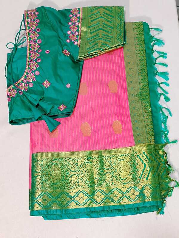 D195: Ready To Ship Beautiful Pure Kanchipuram Silk Saree With Stitched Emboridery Work Blouse