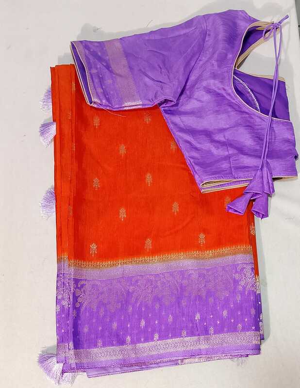 E1:Ready To Ship Beautiful  Pure Moonga Satin Saree With Stitched Blouse