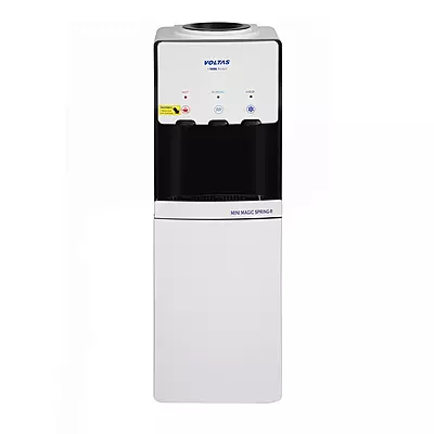 Front view of Voltas Minimagic Spring RV+, showing its three taps and the refrigerated cabinet door.