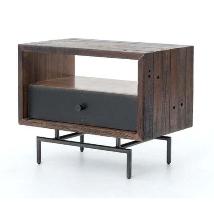 Rustic Industrial Nightstand | Wood & Metal End Table with Drawer