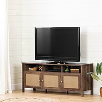 Boho Modern Dark Wood & Rattan TV Stand - Media Console Boho Modern Dark Wood & Rattan TV Stand - Media Console