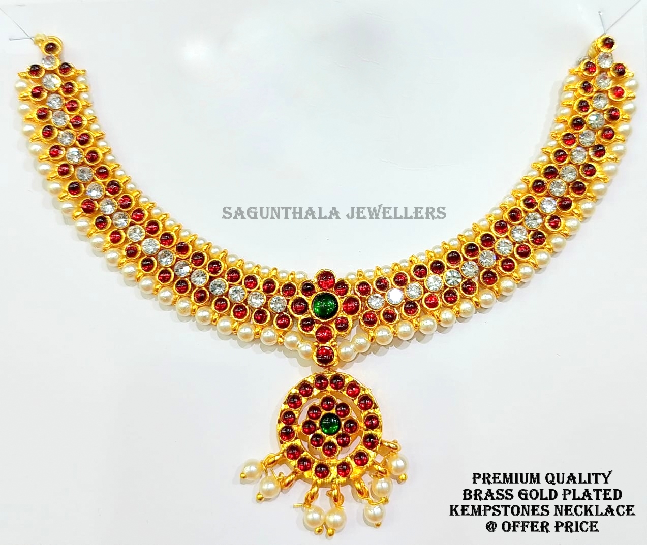 Brass Gold Finish Temple Necklace with Kempstones | Traditional South Indian Jewellery