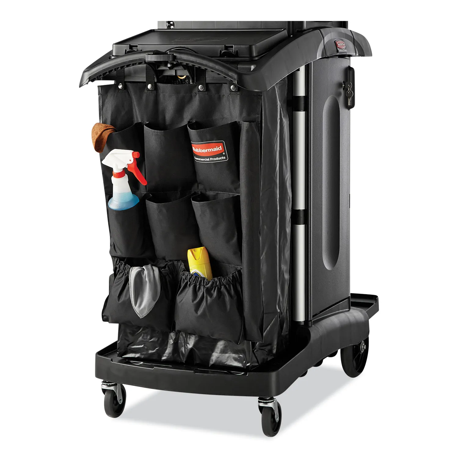 Rubbermaid High-Security Housekeeping Cart, Plastic, 3 Shelves, 2 Bins, 22" x 51.75" x 53.5", Black/Silver