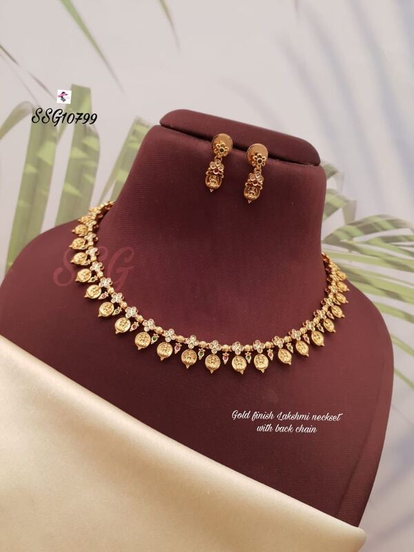 F02: Beautiful Gold Finished Lakshmi Devi Necklace Set