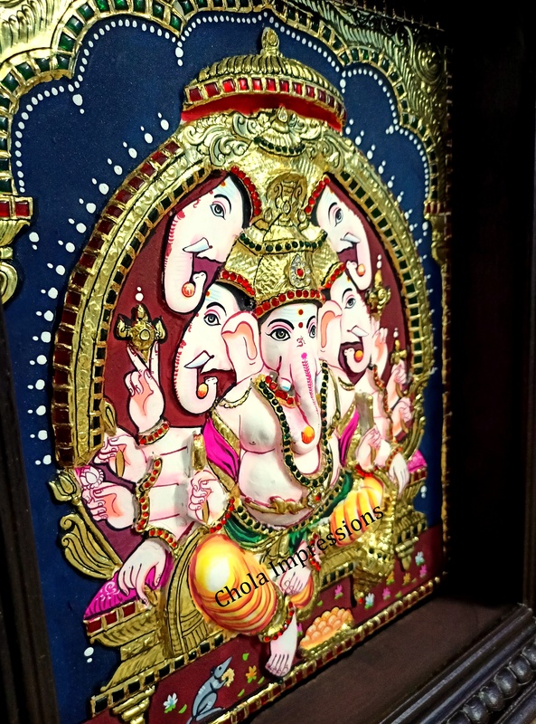 Super Embossed Panchmukh Ganesh Tanjore Painting