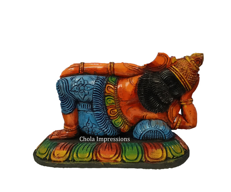 Reclining Vaastu Ganesh (Vaastu Vinayagar) Wooden statue - Coloured Glossy Finish