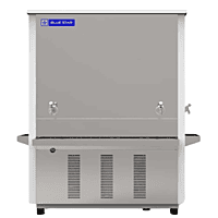 Modern water cooler with sleek stainless steel finish and faucets on multiple sides. ( Front view)
