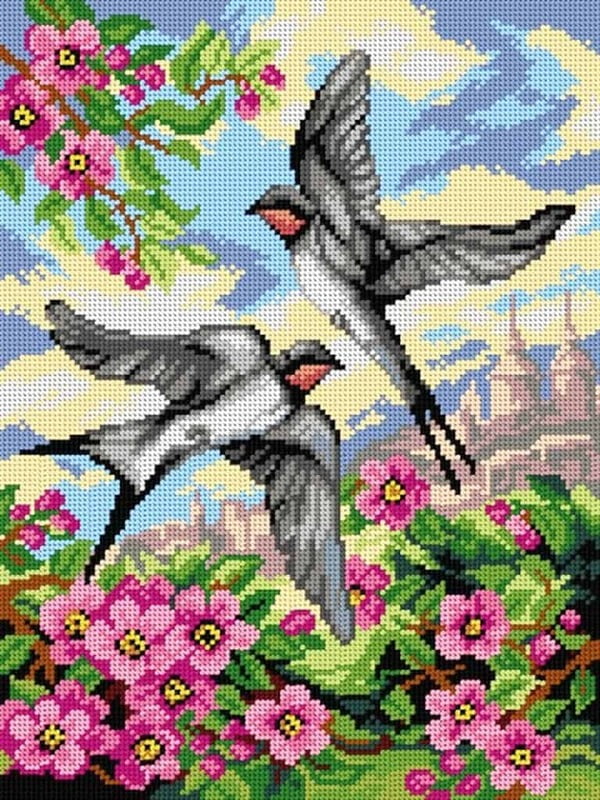 Paesaggio con Rondini e Fiori in primo piano - Tela Mezzopunto da 30x40 cm