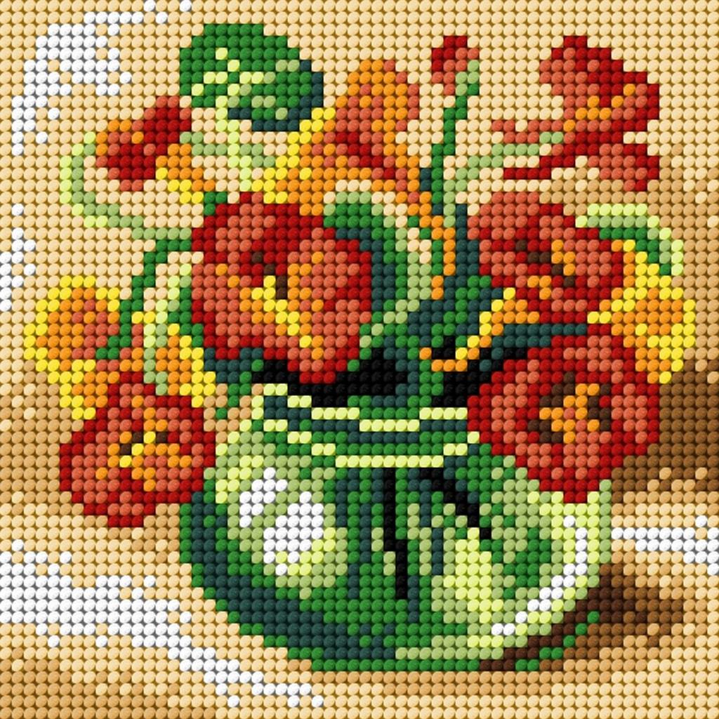 Kit ricamo mezzopunto 15x15 cm - Fiori rossi e gialli in Vaso