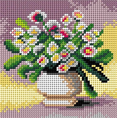 Kit ricamo mezzopunto 15x15 cm - Fiori Bianchi in Vaso