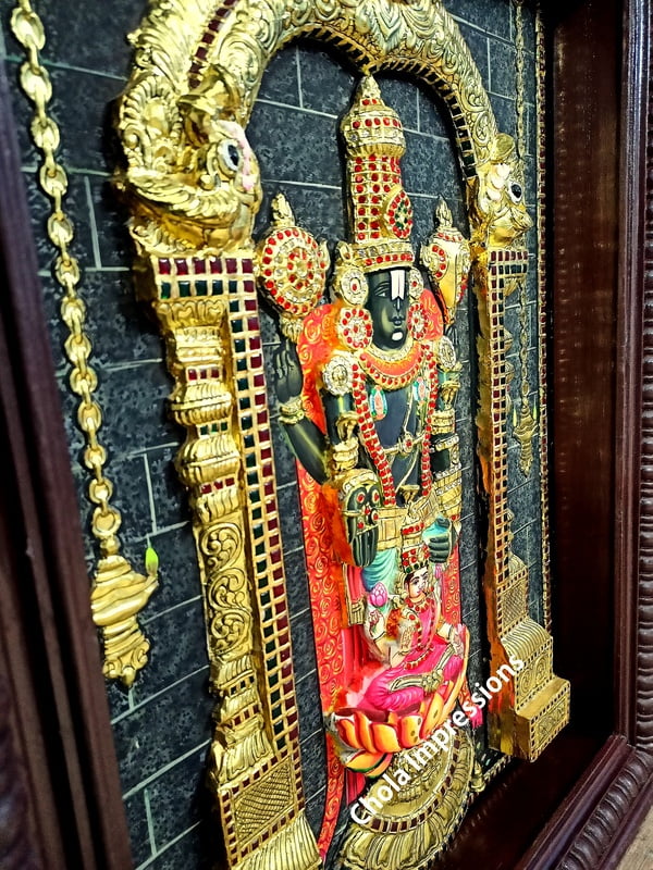 Super Embossed Statue-like Balaji Pada Lakshmi Tanjore Painting -  with American Diamonds