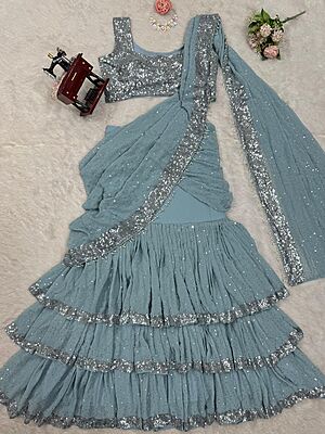 P620: Beautiful Designer Lehenga Style Georgette Sarees With Stitched Blouse