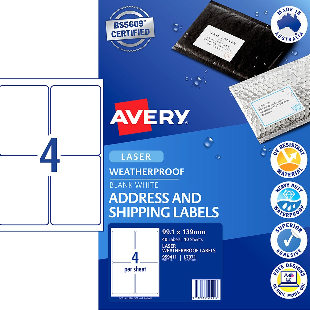 Avery Weatherproof Address & Shipping Laser White L7071 99.1x139mm 4UP 40 Labels