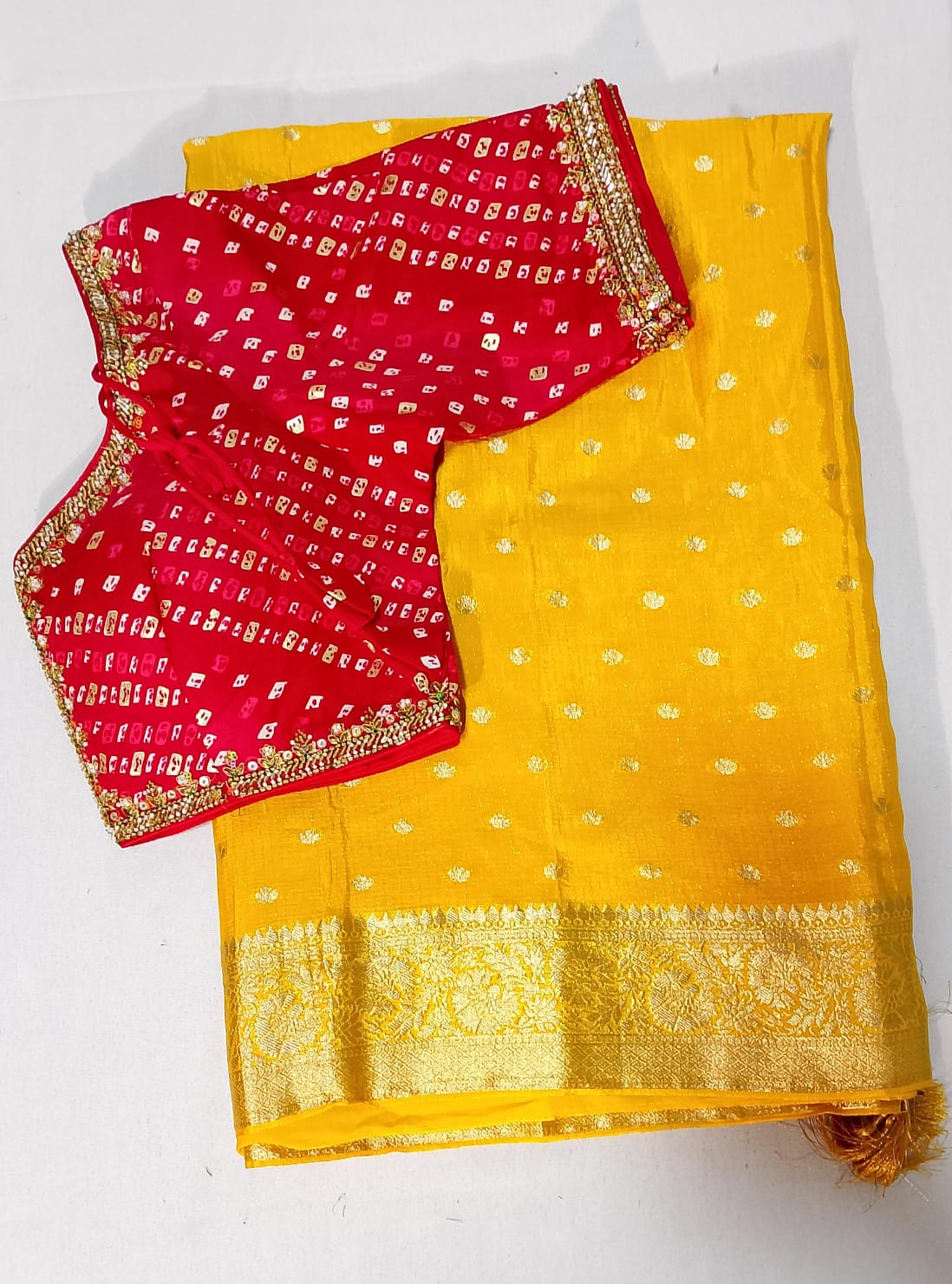 C141: Ready To Ship Beautiful Chinnon Silk Saree With Stitched Maggam Work  Blouse