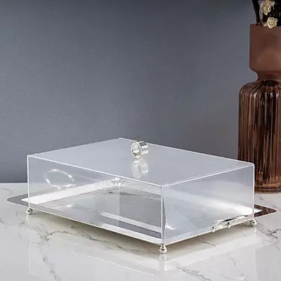 صينية تقديم باللون الفضي مع غطاء