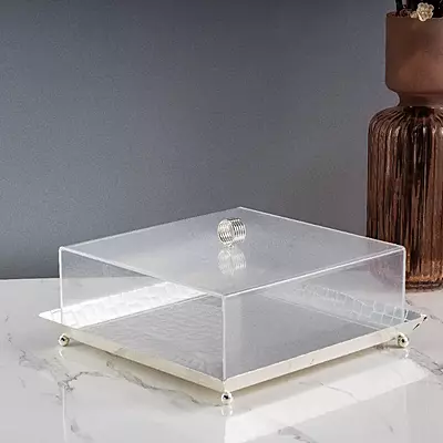 صينية تقديم مربعة باللون الفضي مع غطاء