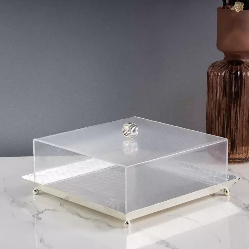 صينية تقديم مربعة باللون الفضي مع غطاء