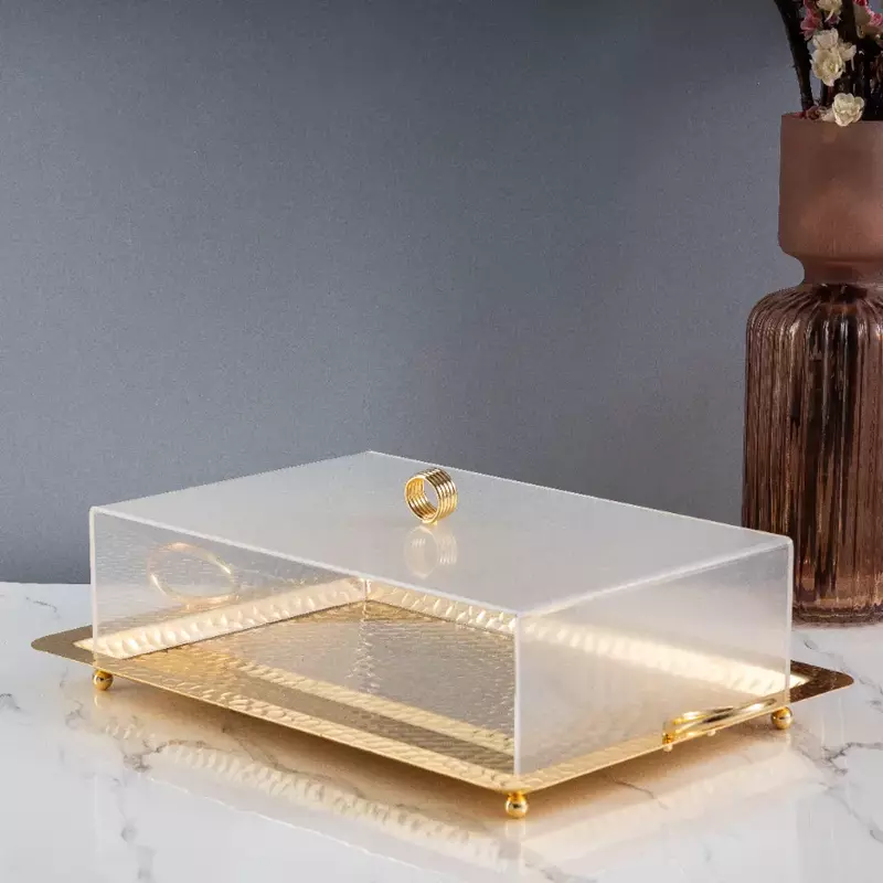 صينية تقديم ضياقة لون ذهبي مع غطاء