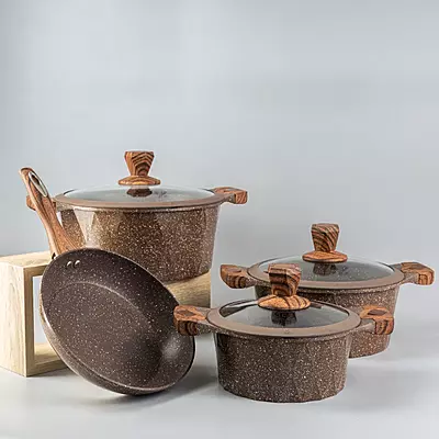 طقم طناجر جرانيت 4 قطع لون بني