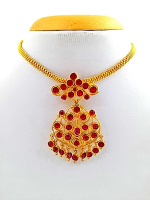 Panchalokam/Copper/Impon One Gram Gold Finish & Real Kempstones Short Necklace/Attigai/Addige