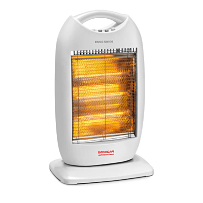 Close-up of the Padmini Volcano 1200 Halogen Heater's controls with oscillation button.