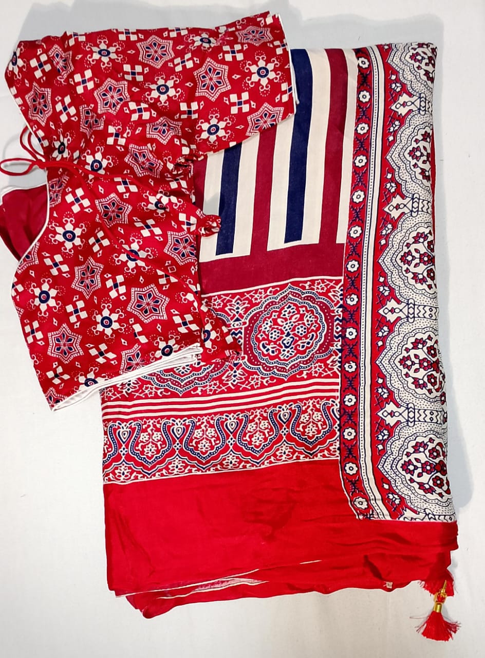 C146: Ready To Ship Beautiful Ajarak Silk Saree With Stitched Blouse
