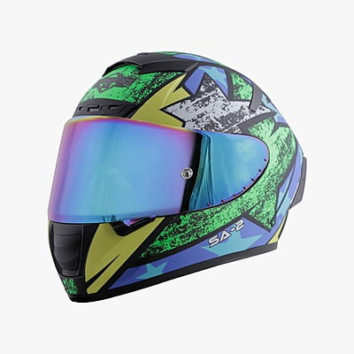 STEELBIRD SA-2 STAR GLOSSY BLACK/GREEN C/V 580 MM WITH EXTRA VISOR (SH)