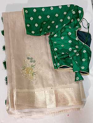 E19:Ready To Ship Beautiful  Tissue Silk Saree With All Over Maggam Work Desgin With Stitched Blouse