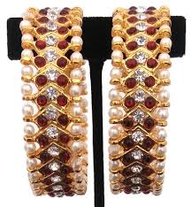 Temple Jewellery Brass Bangles – Gold Plated with Red Kempstones & White Stones - Bridal & Bharatanatyam Temple Jewellery Brass Bangles – Gold Plated with Red Kempstones & White Stones - Bridal & Bharatanatyam
