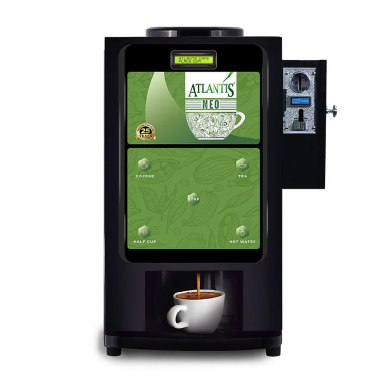 Front view of the Atlantis Neo showing the coin slot and three beverage selection buttons. Front view of the Atlantis Neo showing the coin slot and three beverage selection buttons.