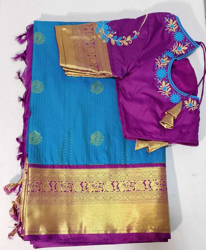D197: Ready To Ship Beautiful Pure Kanchipuram Silk  Saree With Stitched Emboridey Blouse