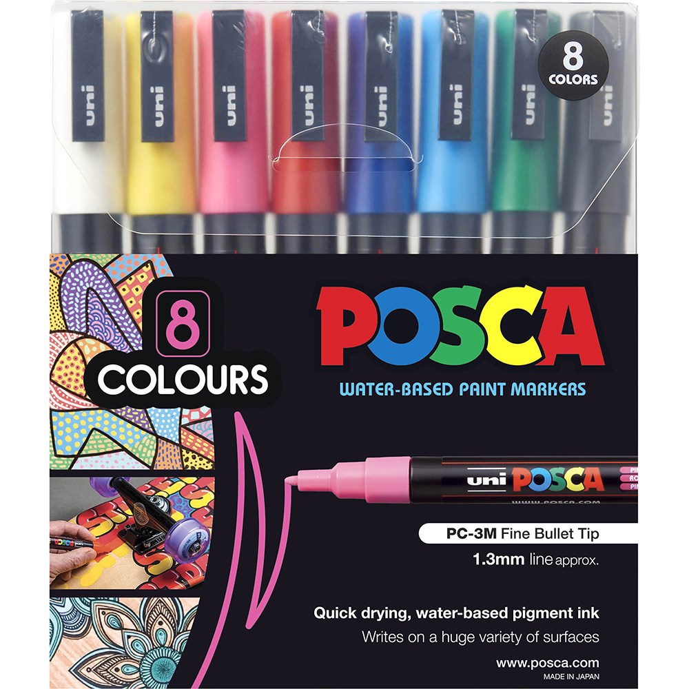Uni Posca PC-3M Paint Marker Fine 1.3mm Bullet Tip Assorted Colours Wallet Of 8