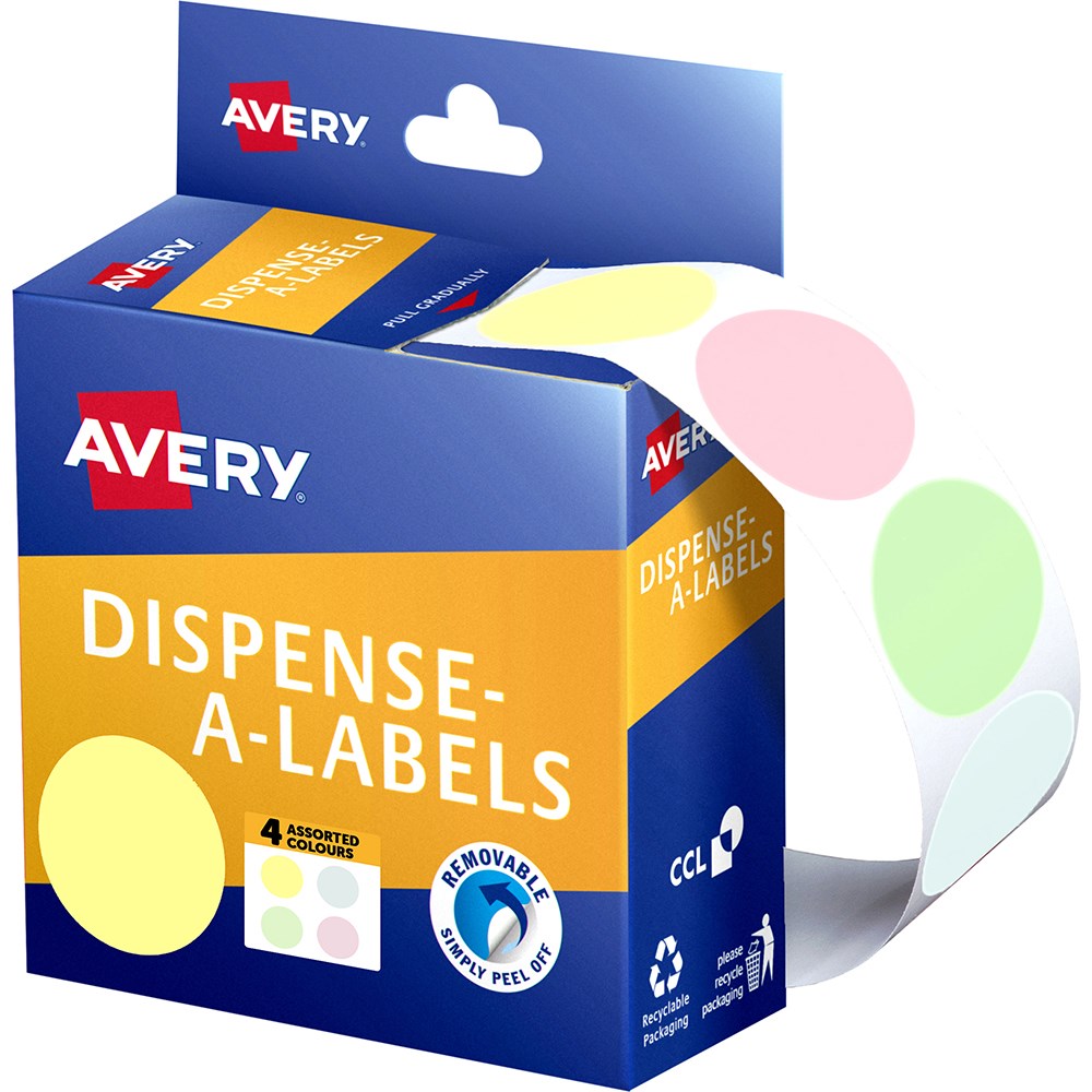 Avery Removable Dispenser Labels 24mm Round Assorted Pastel Box  of 300