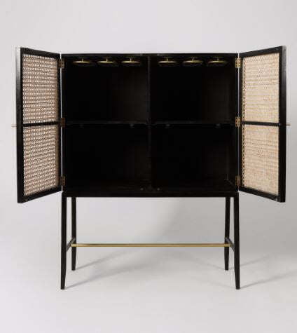 Black Cane & Wood Bar Cabinet | Rattan Drinks Cabinet with Glass Holders Black Cane & Wood Bar Cabinet | Rattan Drinks Cabinet with Glass Holders