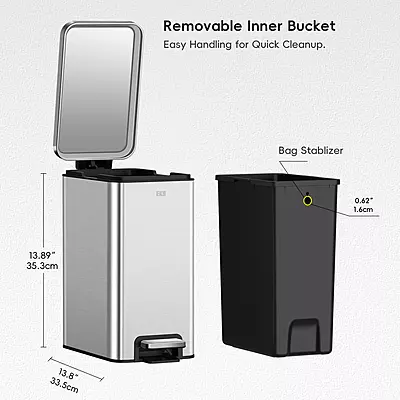 سلة نفايات ايكو بدواسة مع بطانة داخلية – 10 لتر  – من الفولاذ المقاوم للصدأ