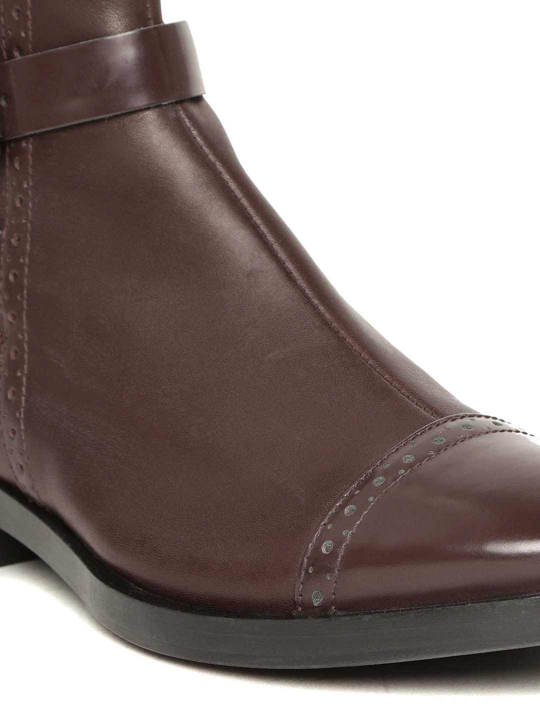 Women Burgundy Leather Mid-Top Flat Boots Women Burgundy Leather Mid-Top Flat Boots