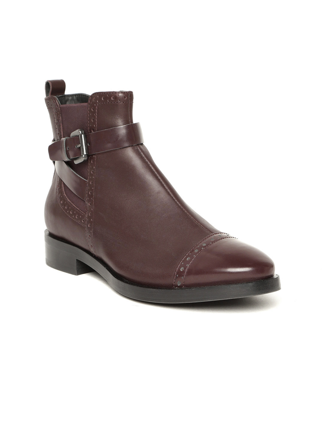 Women Burgundy Leather Mid-Top Flat Boots Women Burgundy Leather Mid-Top Flat Boots