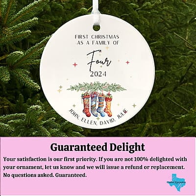 Family of 4 First Christmas 3, Personalized 2024 Custom Ceramic Ornament Heirloom Keepsake, Adoption