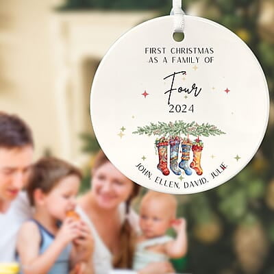 Family of 4 First Christmas 3, Personalized 2024 Custom Ceramic Ornament Heirloom Keepsake, Adoption